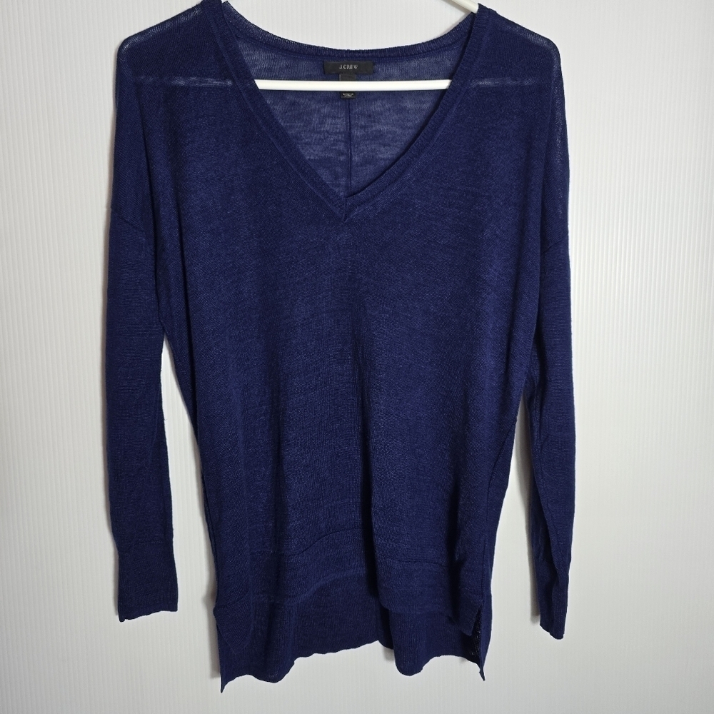 J. Crew Women's Navy 100% Linen Sweater V-Neck Size XS Ribbed Cuffs Casual